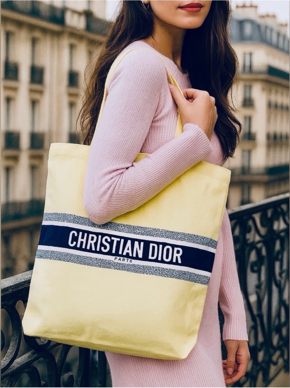 Christian Dior Yellow Canvas Tote Bag